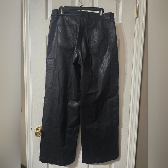 Coated Wide Leg Cargo Jeans by Hudson, Black Leather Effect, High Waist, EUC! - Picture 7 of 15